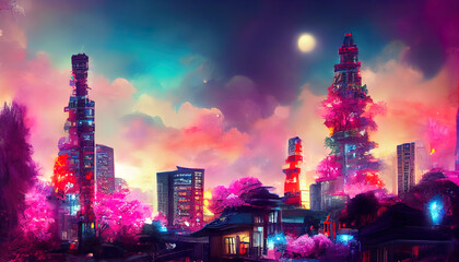 Fantasy night city Japanese landscape, neon light, residential buildings