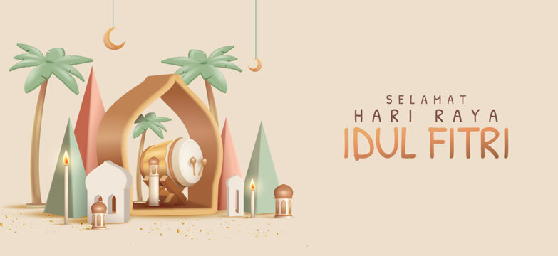 Translation : Happy Eid Mubarak. 3D Realistic Poster Design with Bedug, Lantern and Islamic Ornament. Eid Al Fitr Graphic Design with 3D Realistic Islamic Ornament. 