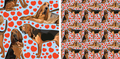 Pattern design with several Bloodhound dogs, funny doodles, and seamless pattern. Wallpaper, wrapping paper, background graphic design with hearts on blue background. St. Valentine Bloodhound dogs. - obrazy, fototapety, plakaty