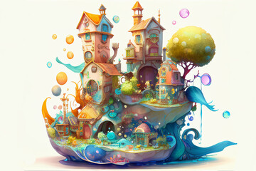Obraz na płótnie Canvas Imaginative, colorful illustration of cute fantasy town, generative ai, digital art, isolated on white background