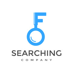 F Letter or font with magnifying glass vector logo template. This alphabet can be used for searching, discovery business.