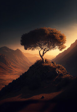 Landscape with a tree in the middle of the mountains at sunset. Generative AI