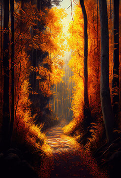 Path through an autumn forest. Generative AI
