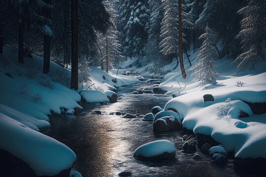 Snowy forest by a river. Generative AI