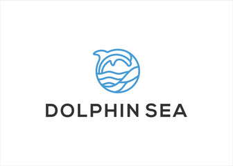 dolphin sea beach logo design vector line art illustration