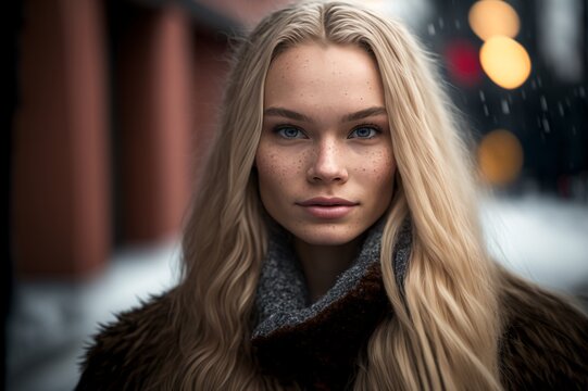 "Elegant Norwegian Beauty in Winter Attire: Professional Portrait of a Blonde-Haired Girl