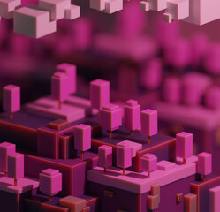 Cubic forest, purple color, 3D illustration, 3D rendering