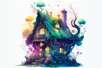 Imaginative, colorful illustration of cute fantasy cottage, generative ai, digital art, isolated on white background