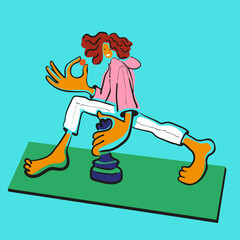 woman is doing yoga. a young girl stretches on a mat. Cheerful flat style girl holding a tangerine and a chess piece. 