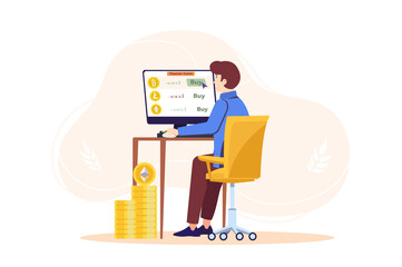 Crypto concept with people scene in the flat cartoon style. Man works on a computer dealing with digital assets and making money from it.