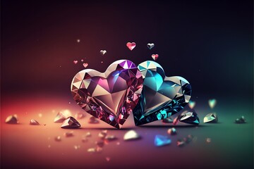 Two Chrystal Diamond Hearts- Valentine's Day Background Love and Hearts Romantic Theme. Cute love sale banner, voucher template, greeting card. Place for text