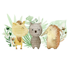 Watercolor arrangements with australian animals. Composition for greeting card and etc.