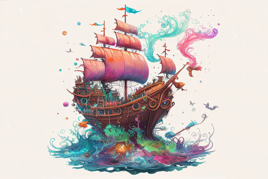 Imaginative, Colorful Illustration Of Cute Fantasy Pirate Ship, Generative Ai, Digital Art, Isolated On White Background