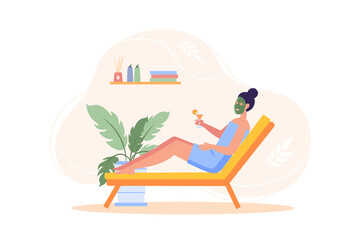 Spa salon concept with people scene in the flat cartoon design. Girl after the procedures lies on the couch and drinks a relaxing cocktail.