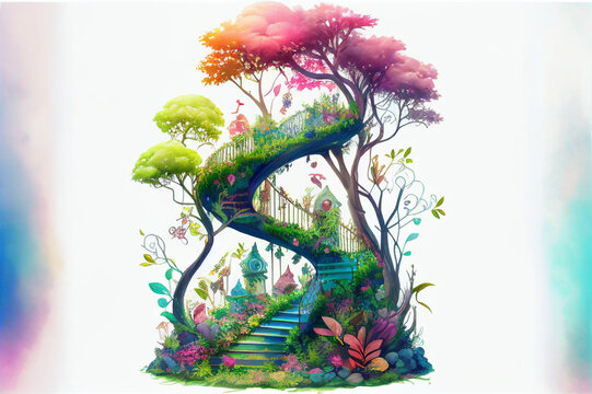 Imaginative, colorful illustration of cute fantasy stairs leading no where, generative ai, digital art, isolated on white background