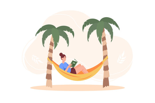 Concept People reading book with people scene in the flat cartoon style. Manager on vacation reads her favorite book among palm trees.