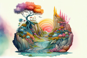 Imaginative, colorful illustration of cute fantasy waterfall, generative ai, digital art, isolated on white background
