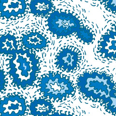 Pack cov 19. Stylized drawing of a coronavirus under a microscope. Image of the virus under a microscope