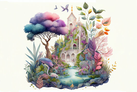 Imaginative, colorful illustration of cute fantasy castle, generative ai, digital art, isolated on white background