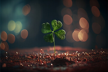 Four-leaf green clover for good luck on St. Patrick's Day, nature background, clover plant with four leaves symbol of Ireland leprechaun. Generative AI