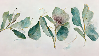 watercolor Eucalyptus leaves seamless border