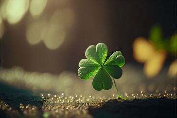 Four-leaf green clover for good luck on St. Patrick's Day, nature background, clover plant with four leaves symbol of Ireland leprechaun. Generative AI