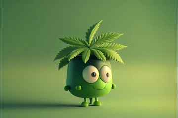 Fotobehang Character with eyes cannabis leaf on green background, narcotic substance marijuana for smoking and medicine, 3d. Generative AI © VICHIZH
