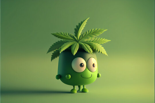Character with eyes cannabis leaf on green background, narcotic substance marijuana for smoking and medicine, 3d. Generative AI