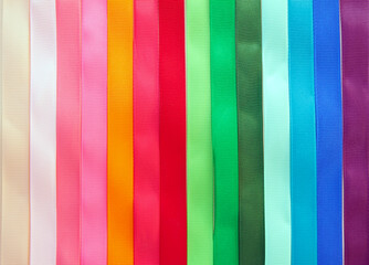 Set of colored textile ribbons. Multicolored satin ribbons, colorful serpentine design element.