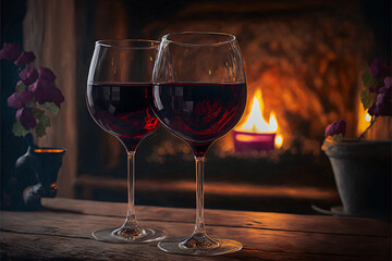 Two Glasses of Red Wine Toasting to Love and Romance