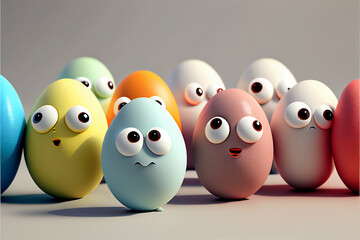 Colorful Easter eggs in a group of characters with faces and eyes are cute, a fun concept for the spring Easter holiday. Generative AI