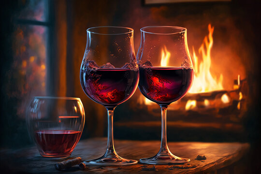 Two Glasses of Red Wine Toasting to Love and Romance