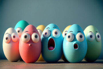 Colorful Easter eggs in a group of characters with faces of surprise and fear in their eyes, a fun concept for the Easter holiday. Generative AI