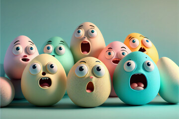 Colorful Easter eggs in a group of characters with faces of surprise and fear in their eyes, a fun concept for the Easter holiday. Generative AI