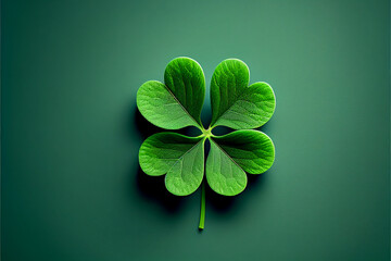 Four-leaf green clover for good luck on St. Patrick's Day, bright green background, holiday concept of spring, plant clover symbol. Generative AI