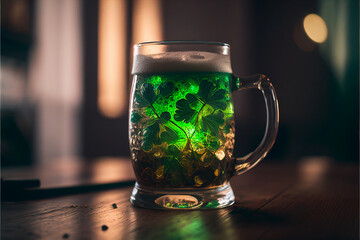 A mug of beer in glass with a four-leaf clover is a symbol of good luck in Ireland, St. Patrick's Day holiday. Generative AI