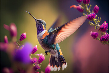 A hummingbird in flight in close-up, against a background of a tropical colorful forest and plants drinking flower nectar. Generative AI