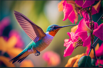 A hummingbird in flight in close-up, against a background of a tropical colorful forest and plants drinking flower nectar. Generative AI - obrazy, fototapety, plakaty