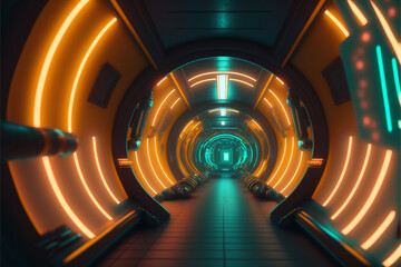 Abstract neon light digital time tunnel corridor. Generative AI.	