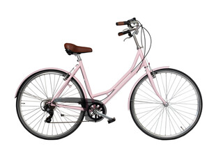 Pink retro bicycle, side view. Brown leather saddle and handles. Vintage look city bike. Png isolated on transparent background