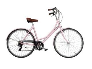 Pink retro bicycle, side view. Brown leather saddle and handles. Vintage look city bike. Png isolated on transparent background