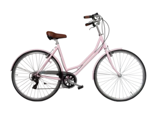 Foto op Canvas Pink retro bicycle, side view. Brown leather saddle and handles. Vintage look city bike. Png isolated on transparent background © paketesama