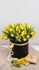 Bouquet of yellow tulips and mimosa flowers. Mother's Day or Easter theme or Spring coming concept