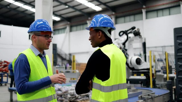 Multiracial engineers working with robot arm at robotic automation facility