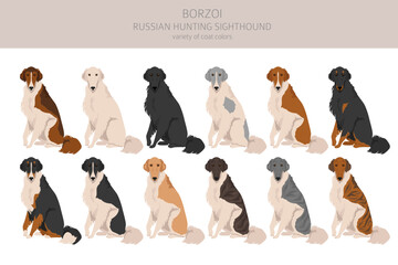 Russian hunting sighthound Borzoi clipart. Different coat colors and poses set