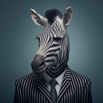 Portrait of a zebra in business suit in the office. Generative AI.