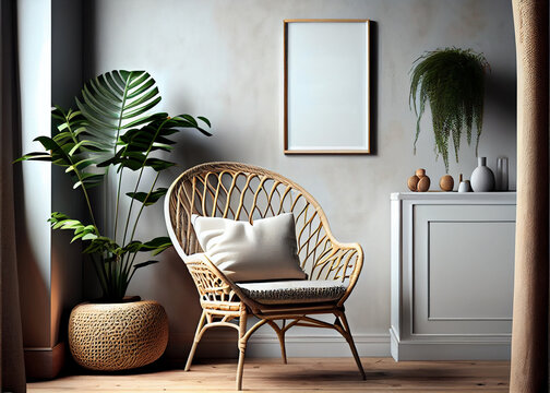 Modern scandinavian home interior with mock up photo frame, AI Generated