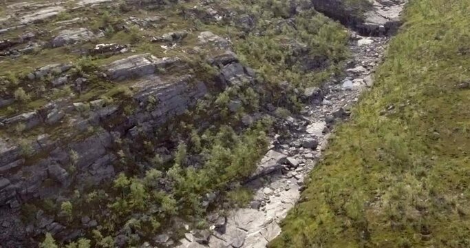 Aerial view of Galggojohka river on the E8 Nordlysveien road in summer when it&acute;s dried up, Storfjord, Troms og Finnmark, Norway. 