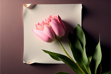 Pink tulip with text card, layout, flat lay, Mother's Day greeting gift, Valentine's Day, Father's Day, flowers on light background. Generative AI