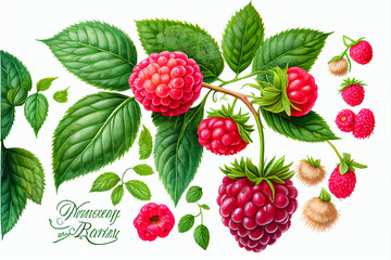 Watercolor drawing of fresh summer raspberries with flowers and leaves, organic natural berries, space for text, hand drawing on white background. Generative AI